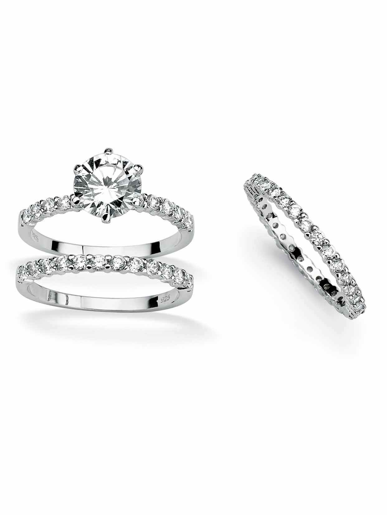 PalmBeach Jewelry 3.75 TCW 3 Piece Round Cubic Zirconia Bridal Ring Set in Platinum-Plated or 14k Yellow-Plated Silver